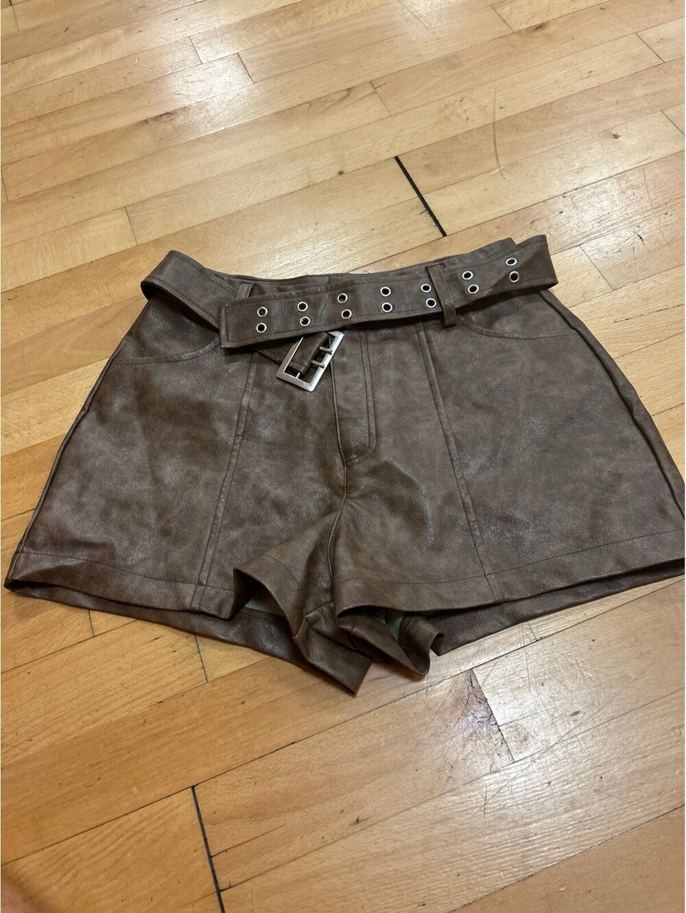 Faux Leather Brown Shorts with Belt